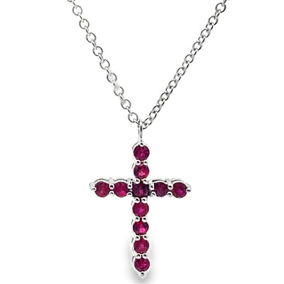 18K White Gold Reversible Rubies & Diamond Cross Pendant Necklace