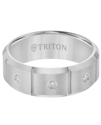 8mm Tungsten Diamond Ring- 3 Stone Vertical Cut Center and Bevel Edge