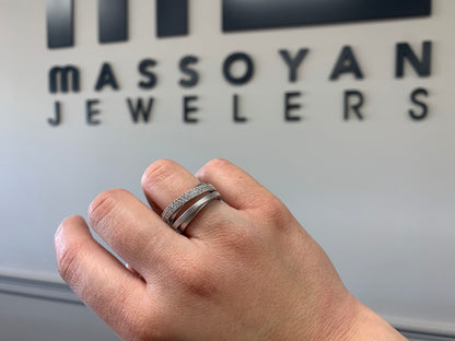 Sterling Silver Multi Row Interwoven Ring with CZ, Bonded with Platinum. Made in Italy.