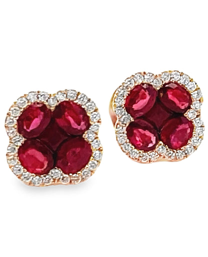18K Yellow Gold Ruby and Diamond Quatrefoil Earrings with Pushbacks