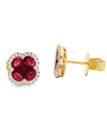 18K Yellow Gold Ruby and Diamond Quatrefoil Earrings with Pushbacks