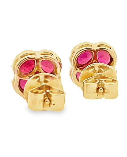 18K Yellow Gold Ruby and Diamond Quatrefoil Earrings with Pushbacks