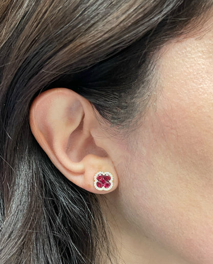 18K Yellow Gold Ruby and Diamond Quatrefoil Earrings with Pushbacks