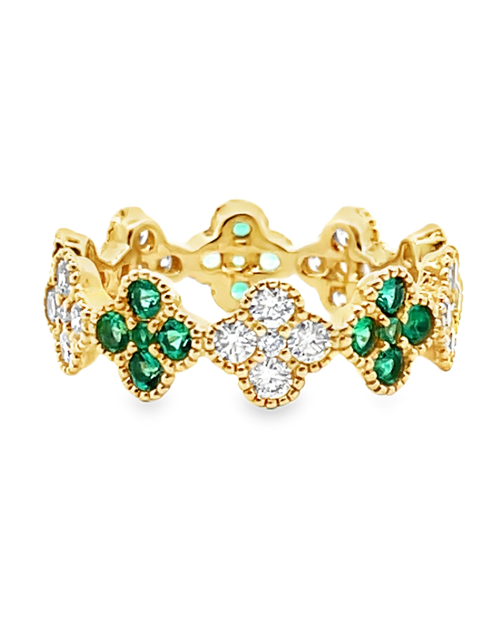 18K Yellow Gold 0.83 Carat Diamond & 0.56 carat Emerald Quatrefoil Ring