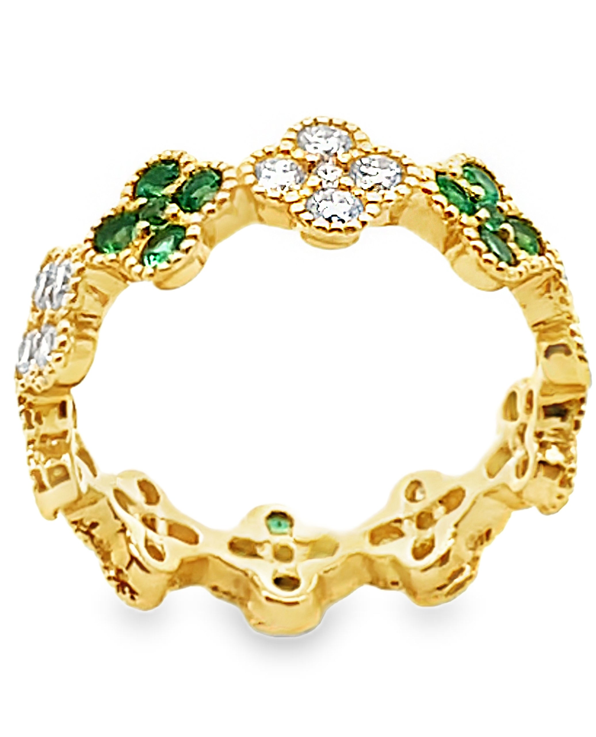 18K Yellow Gold 0.83 Carat Diamond & 0.56 carat Emerald Quatrefoil Ring