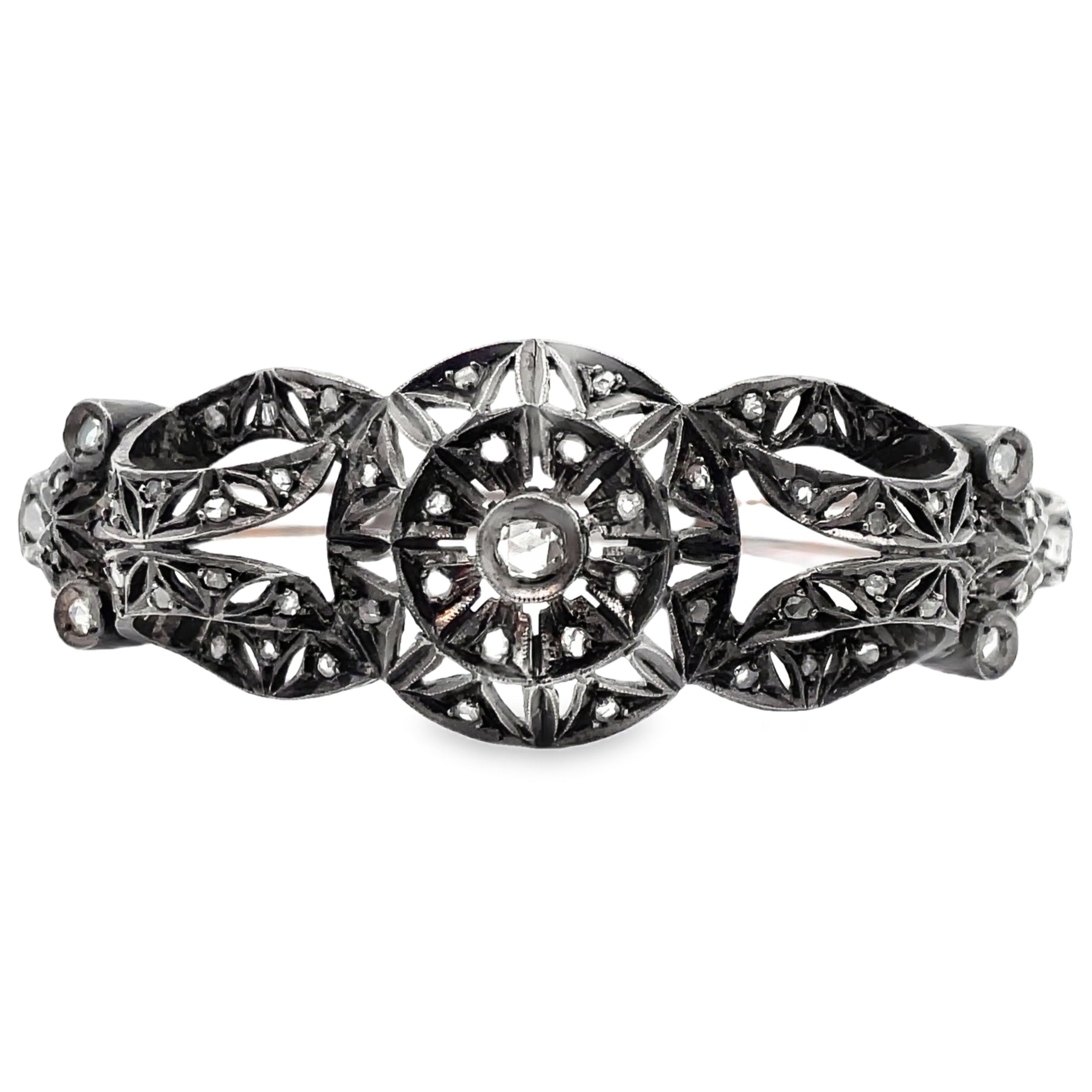Vintage Hinged Bangle Bracelets, Rose Gold and Silver, Rough Diamonds, Compass Design