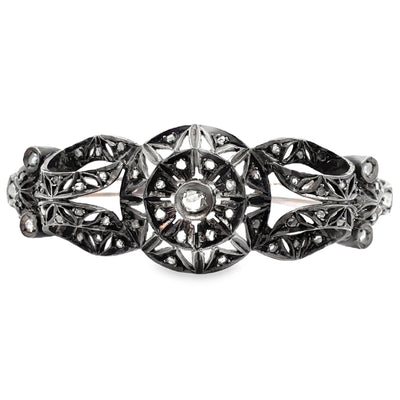 Vintage Hinged Bangle Bracelets, Rose Gold and Silver, Rough Diamonds, Compass Design
