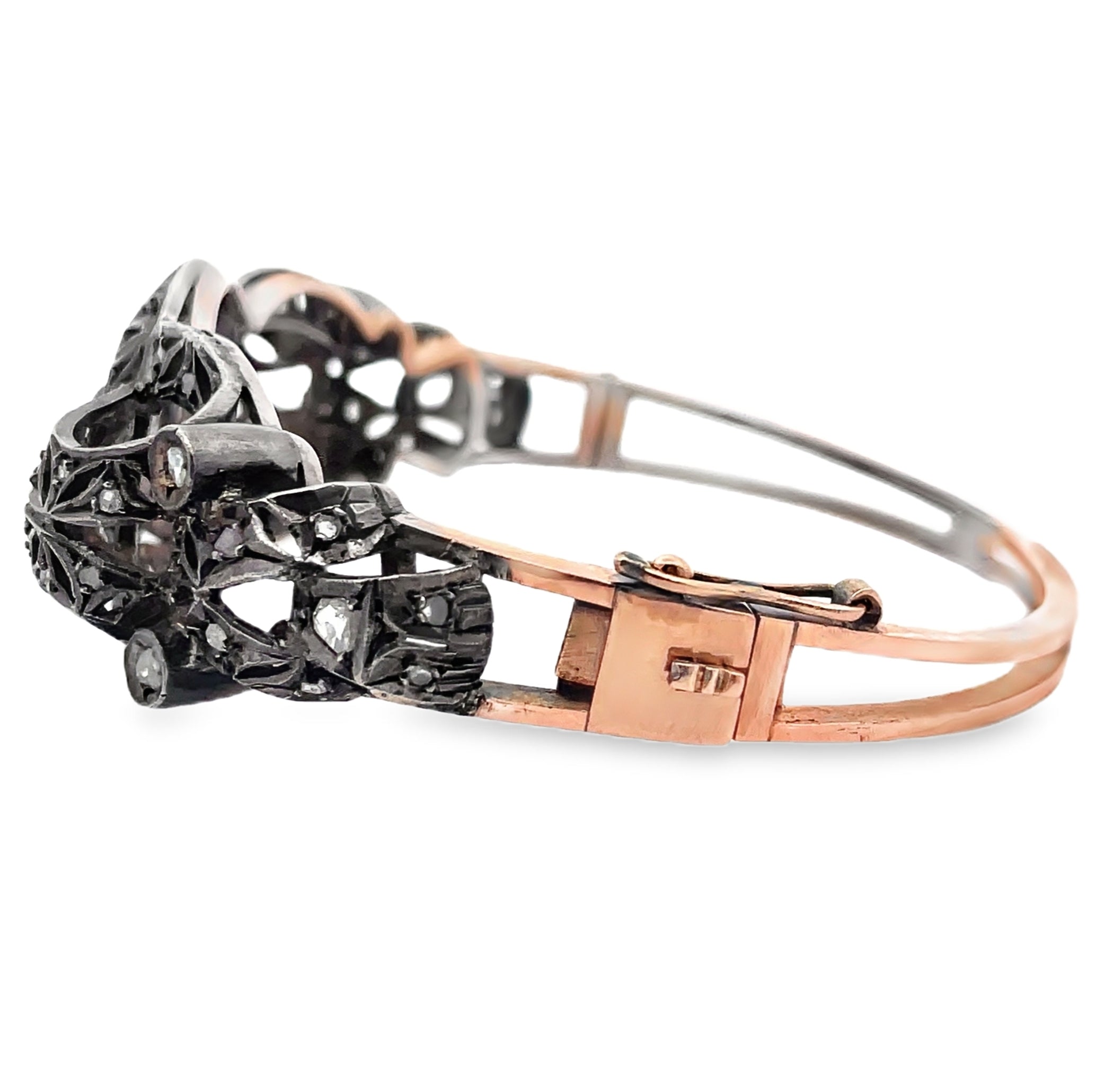 Vintage Hinged Bangle Bracelets, Rose Gold and Silver, Rough Diamonds, Compass Design