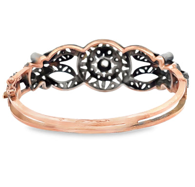 Vintage Hinged Bangle Bracelets, Rose Gold and Silver, Rough Diamonds, Compass Design