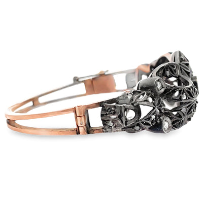 Vintage Hinged Bangle Bracelets, Rose Gold and Silver, Rough Diamonds, Compass Design