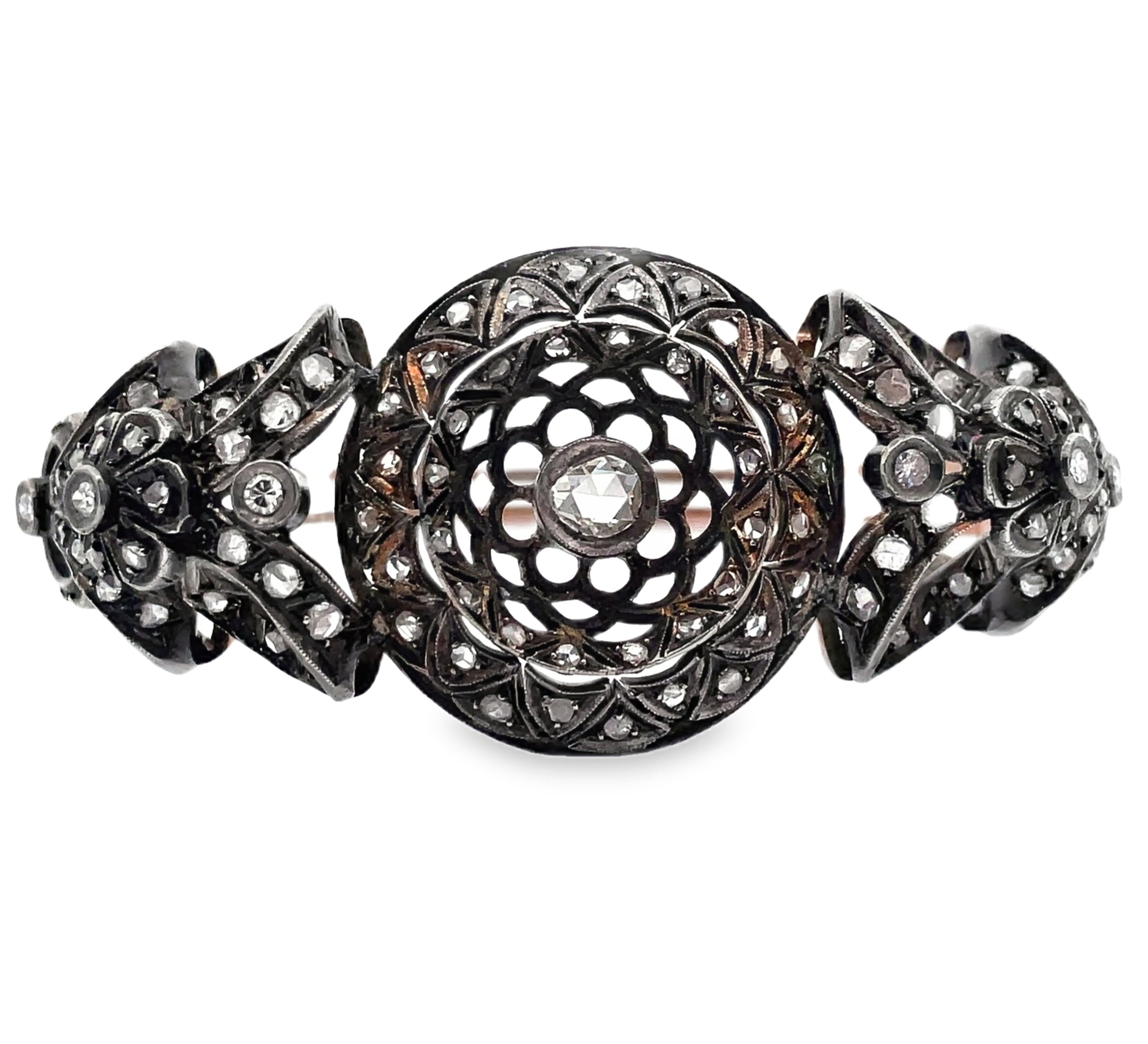 Vintage Hinged Bangle Bracelets, Rose Gold and Silver, Rough Diamonds, Scalloped Petals