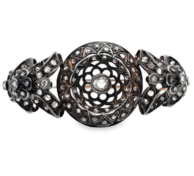 Vintage Hinged Bangle Bracelets, Rose Gold and Silver, Rough Diamonds, Scalloped Petals