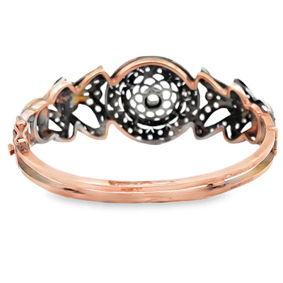 Vintage Hinged Bangle Bracelets, Rose Gold and Silver, Rough Diamonds, Scalloped Petals