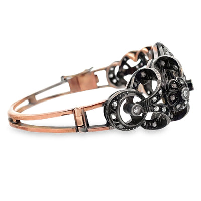Vintage Hinged Bangle Bracelets, Rose Gold and Silver, Rough Diamonds, Scalloped Petals