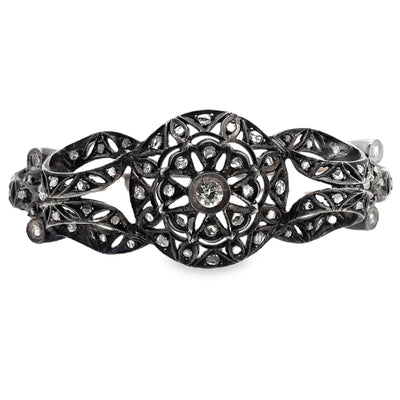 Vintage Hinged Bangle Bracelets, Rose Gold and Silver, Rough Diamonds, Floral Symmetry