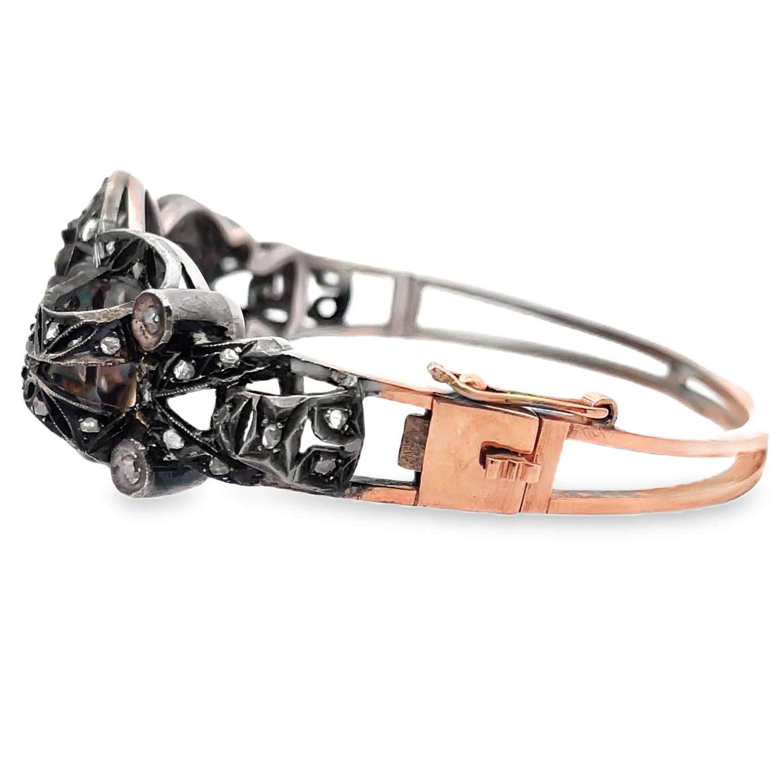 Vintage Hinged Bangle Bracelets, Rose Gold and Silver, Rough Diamonds, Floral Symmetry