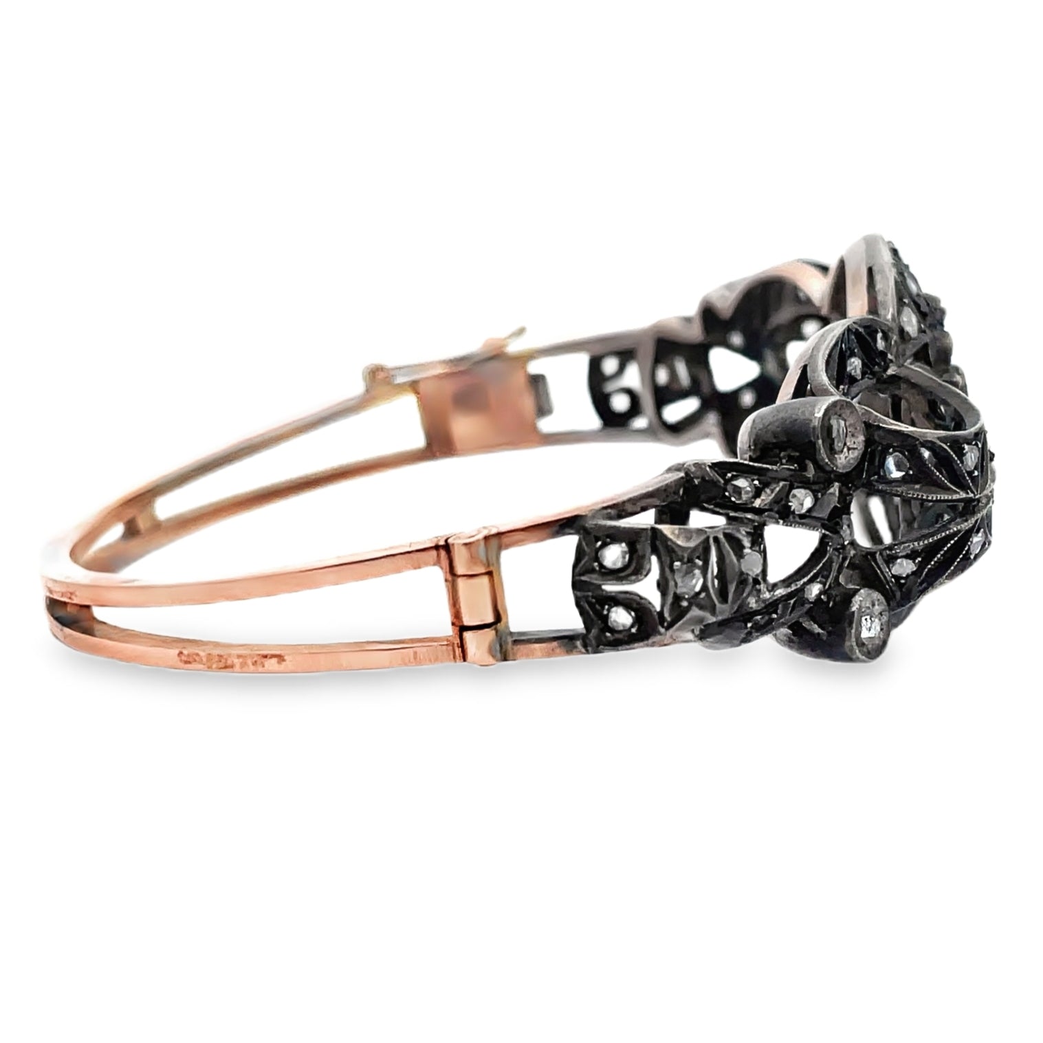 Vintage Hinged Bangle Bracelets, Rose Gold and Silver, Rough Diamonds, Floral Symmetry