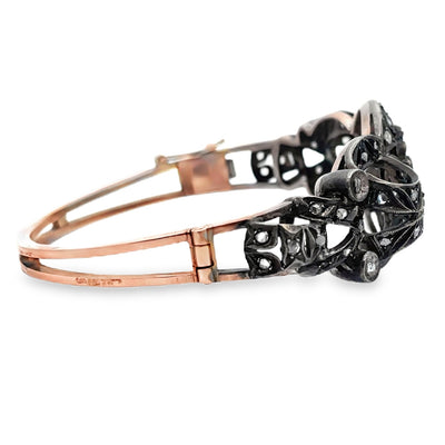 Vintage Hinged Bangle Bracelets, Rose Gold and Silver, Rough Diamonds, Floral Symmetry