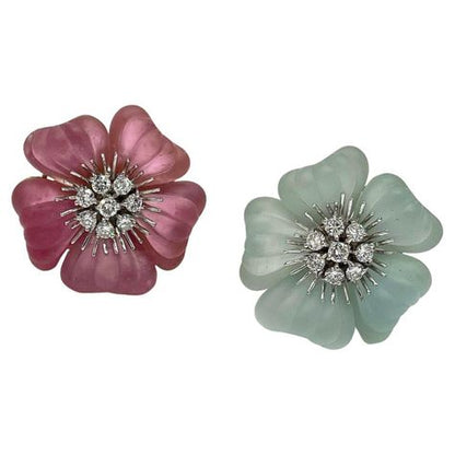 Pre-owned Vintage Ambrosi 18K White and Yellow Gold One of a Kind Aquamarine, Pink Tourmaline and Diamond Floral Earrings