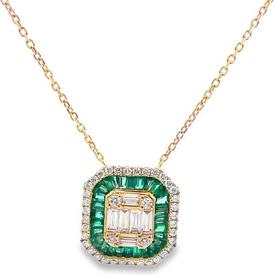 18K Yellow Gold Art Deco Style Pendant with Diamonds and Emeralds