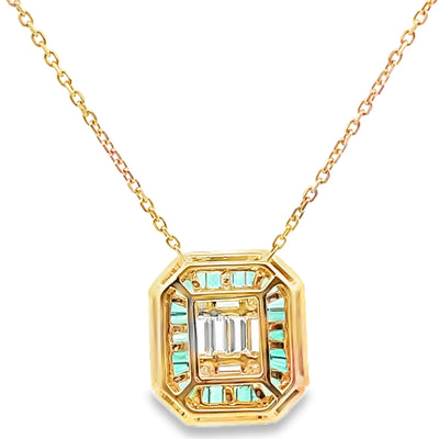 18K Yellow Gold Art Deco Style Pendant with Diamonds and Emeralds