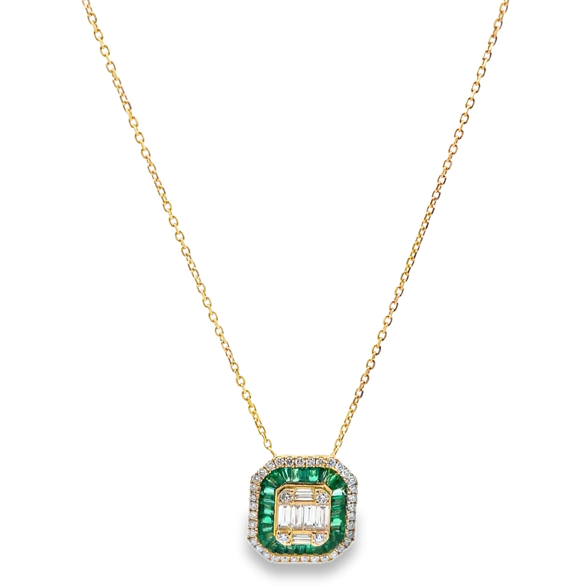 18K Yellow Gold Art Deco Style Pendant with Diamonds and Emeralds