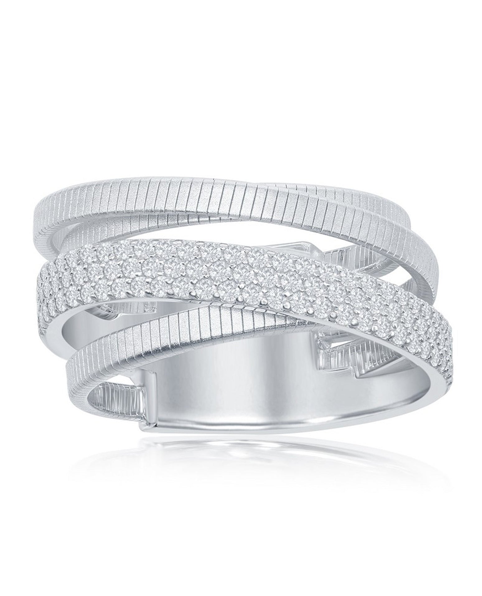 Sterling Silver Multi Row Interwoven Ring with CZ, Bonded with Platinum. Made in Italy.