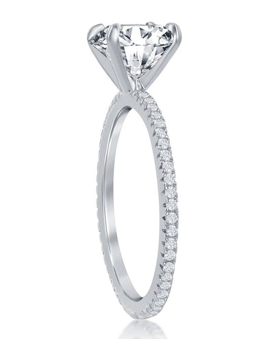 Sterling Silver Round Solitaire CZ with Micro Pave Band Engagement Ring