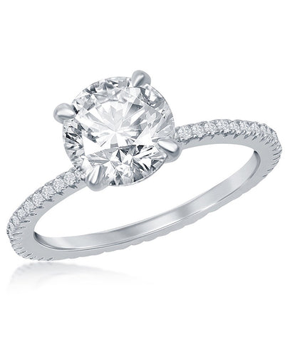 Sterling Silver Round Solitaire CZ with Micro Pave Band Engagement Ring