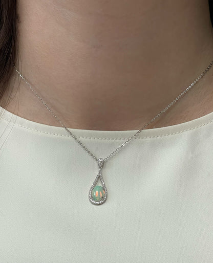 14K White Gold Opal Pendant Necklace - Adjustable