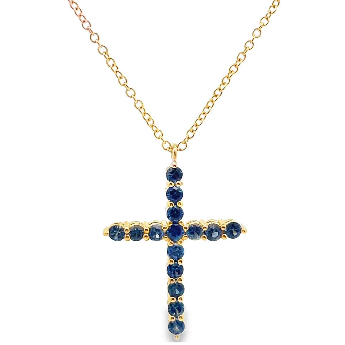 18K Yellow Gold Reversible Blue Sapphire & Diamond Cross Pendant Necklace