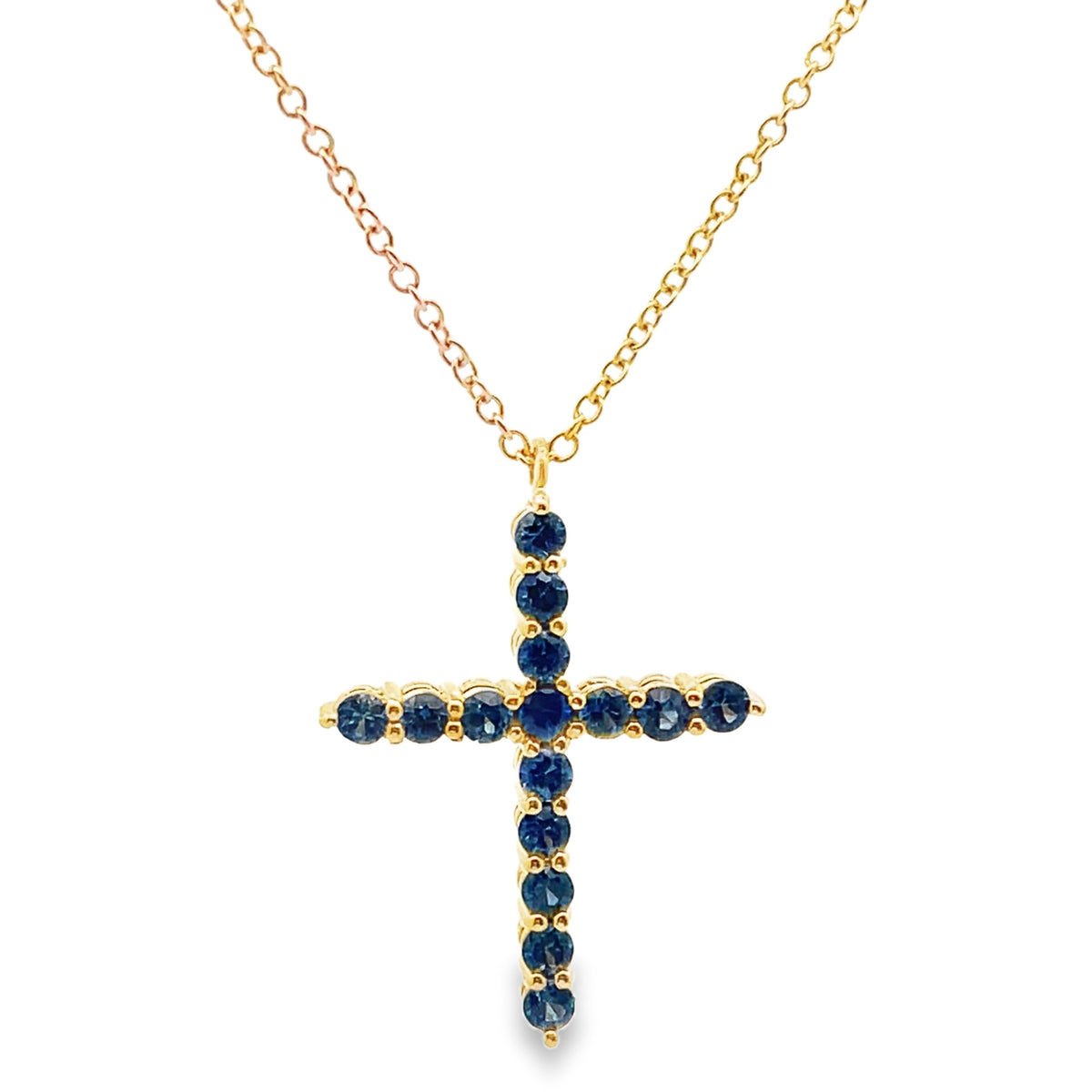 18K Yellow Gold Reversible Blue Sapphire & Diamond Cross Pendant Necklace