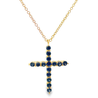 18K Yellow Gold Reversible Blue Sapphire & Diamond Cross Pendant Necklace