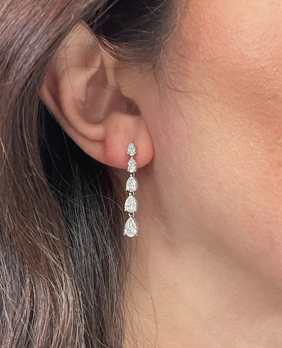 14K White Gold Lab Grown Diamond Graduating Pear Shaped Dangle Drop Earrings