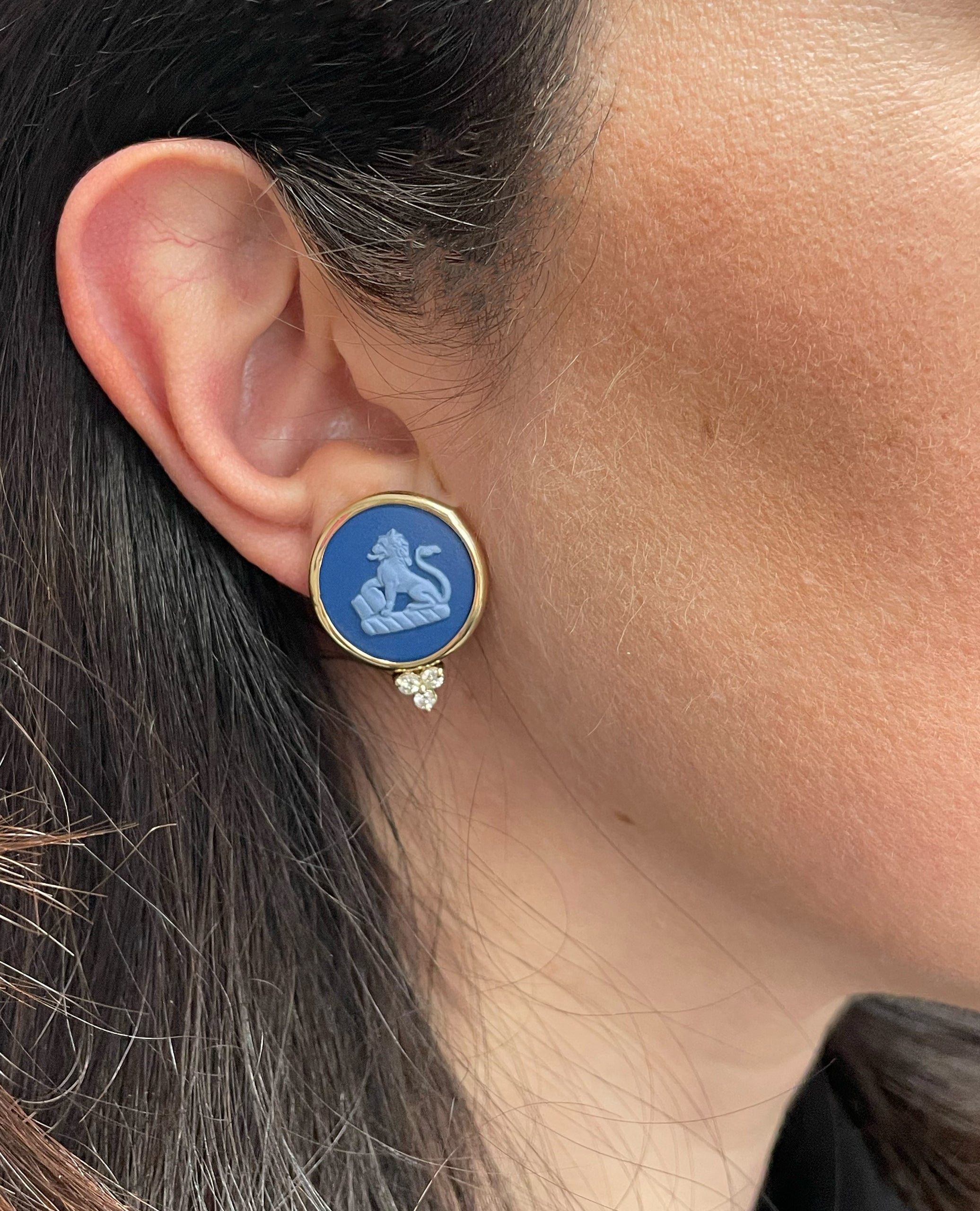 Lion Passant 14K Yellow Gold Medallion Earrings with Custom Bezel Set Blue Wedgwood Jasperware and Diamonds