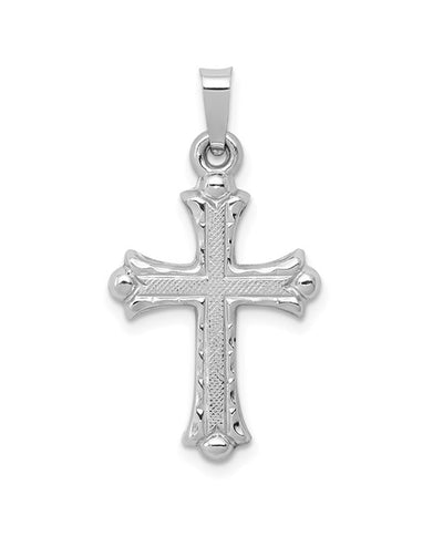 14K White Gold Textured and Polished Fleur de lis Cross Pendant
