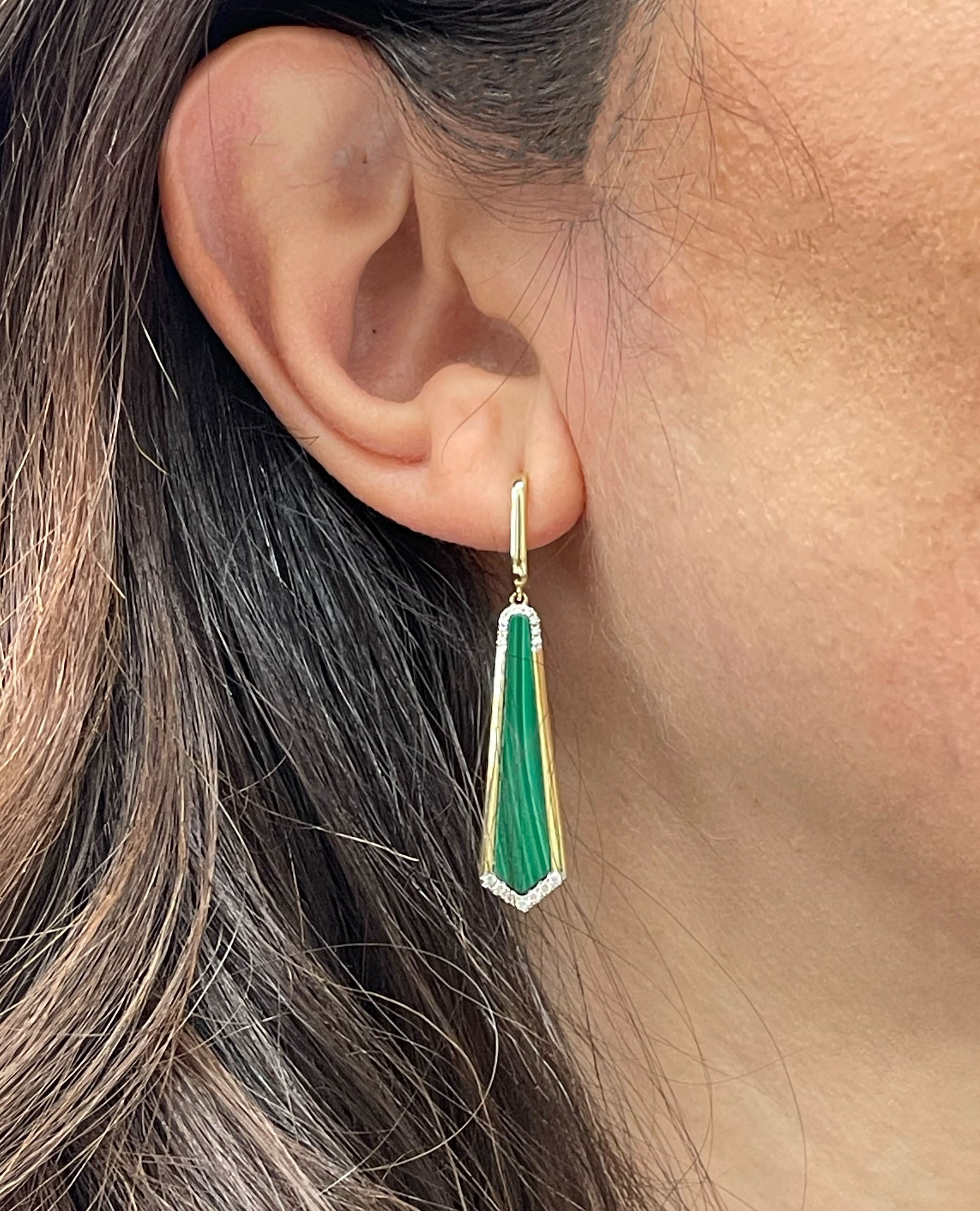 14K Yellow Gold Diamond & Malachite Dangle Earrings