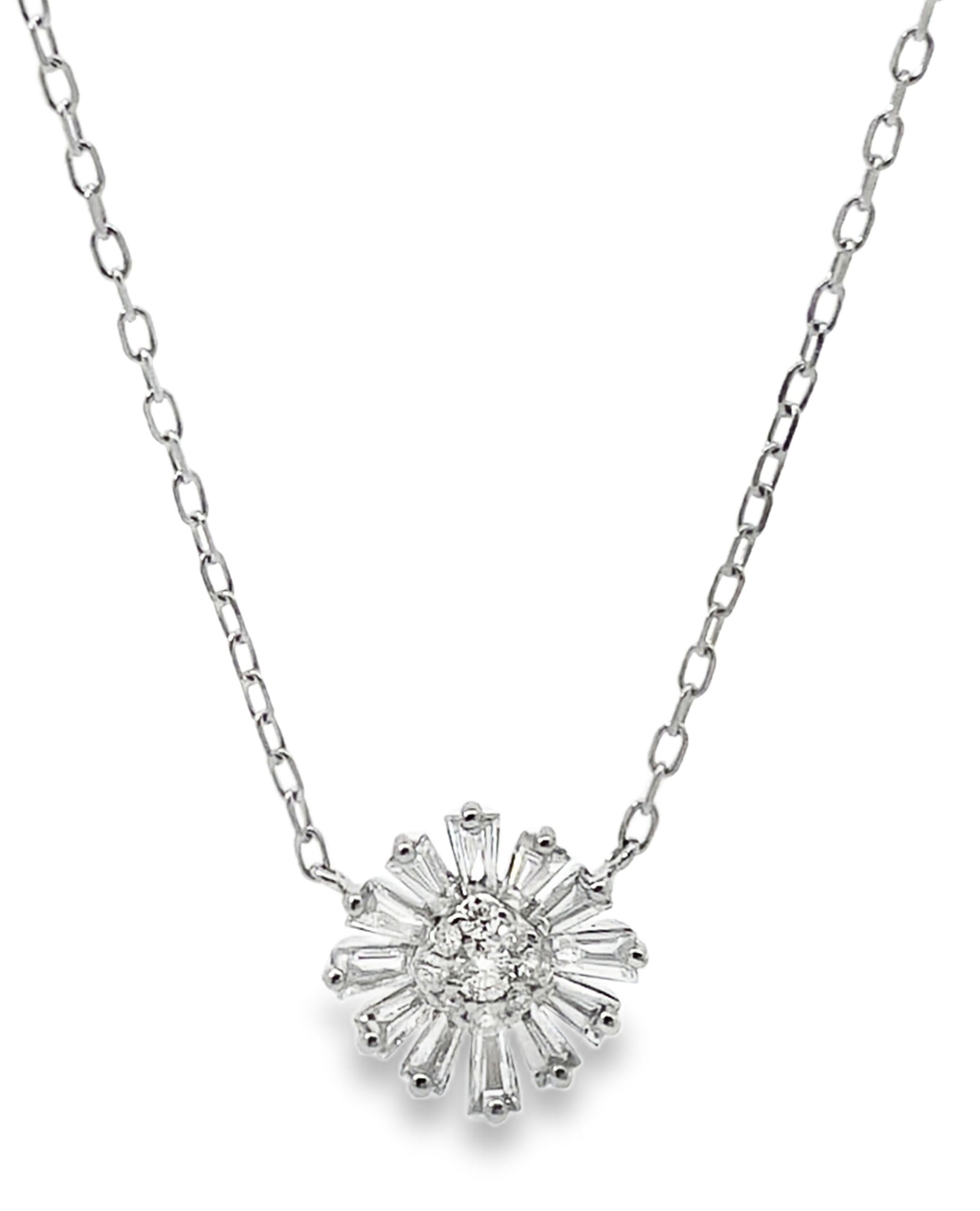 14K White Gold Flower Diamond Pendant Necklace