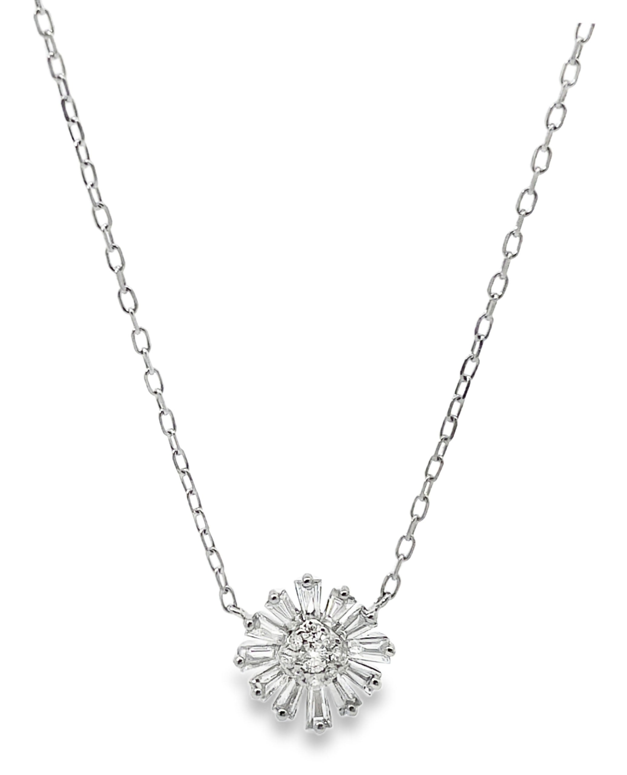 14K White Gold Flower Diamond Pendant Necklace