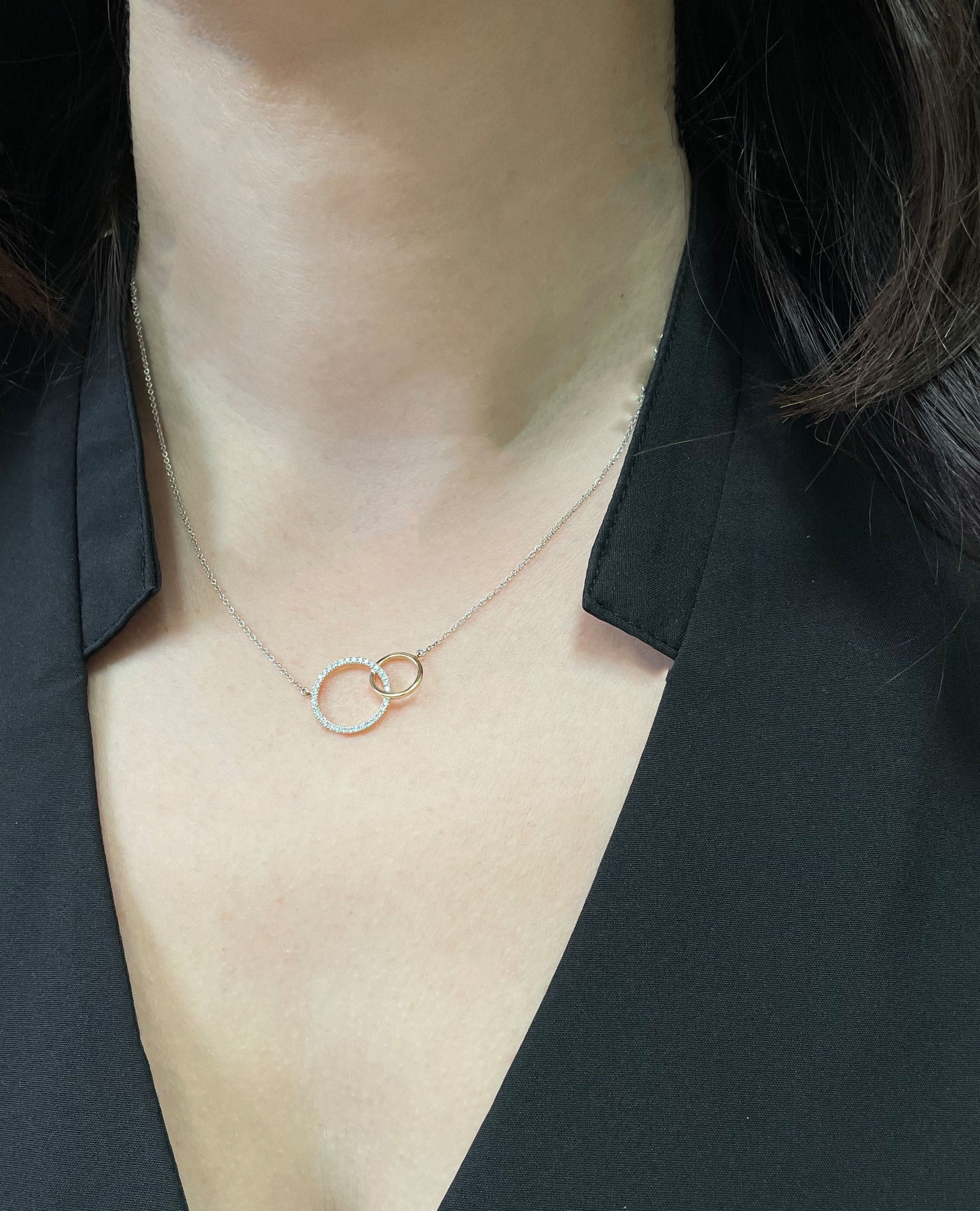 Zeghani ZP954 Two Tone 14K Gold Interlocking Circle Necklace with Diamonds 0.16 Carats