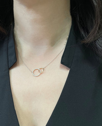 Zeghani ZP954 Two Tone 14K Gold Interlocking Circle Necklace with Diamonds 0.16 Carats