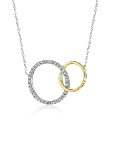 Zeghani ZP954 Two Tone 14K Gold Interlocking Circle Necklace with Diamonds 0.16 Carats