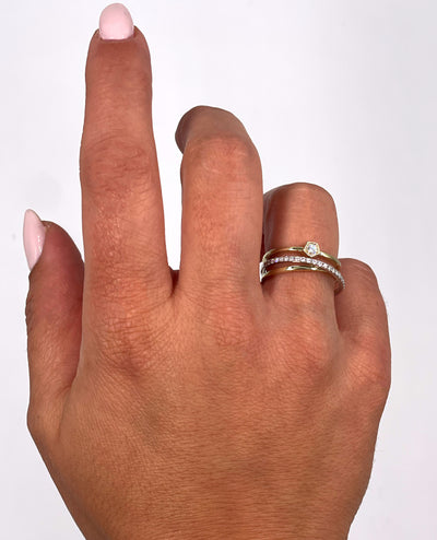 Zeghani ZR1702 Two Tone 14K Yellow & White Gold Three Row Woven Diamond Ring 0.24 Carats