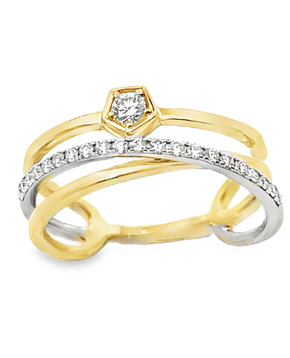 Zeghani ZR1702 Two Tone 14K Yellow & White Gold Three Row Woven Diamond Ring 0.24 Carats