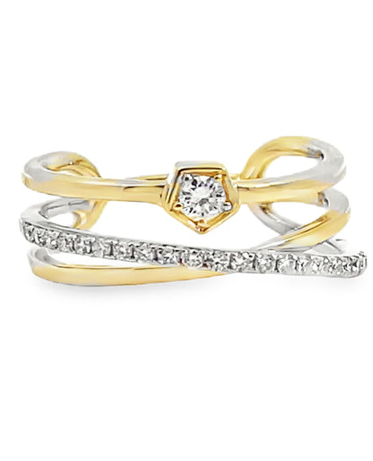 Zeghani ZR1702 Two Tone 14K Yellow & White Gold Three Row Woven Diamond Ring 0.24 Carats