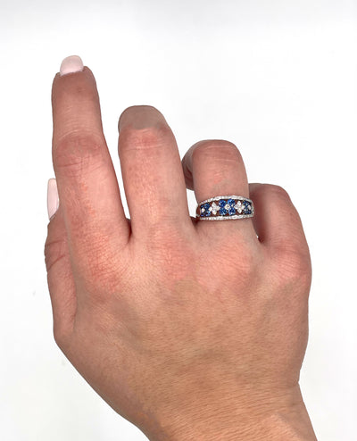 Zeghani ZR1871 14K White Gold Round Sapphire and Diamond Wide Band Ring