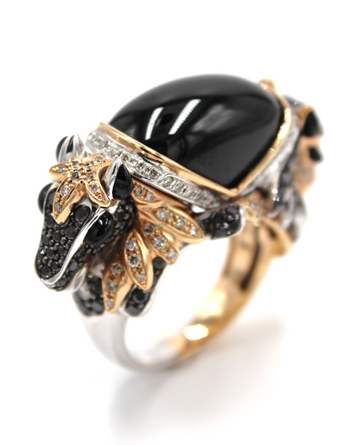 Double Horse Diamond & Cabochon Black Spinel Ring in 18k Rose Gold and Palladium