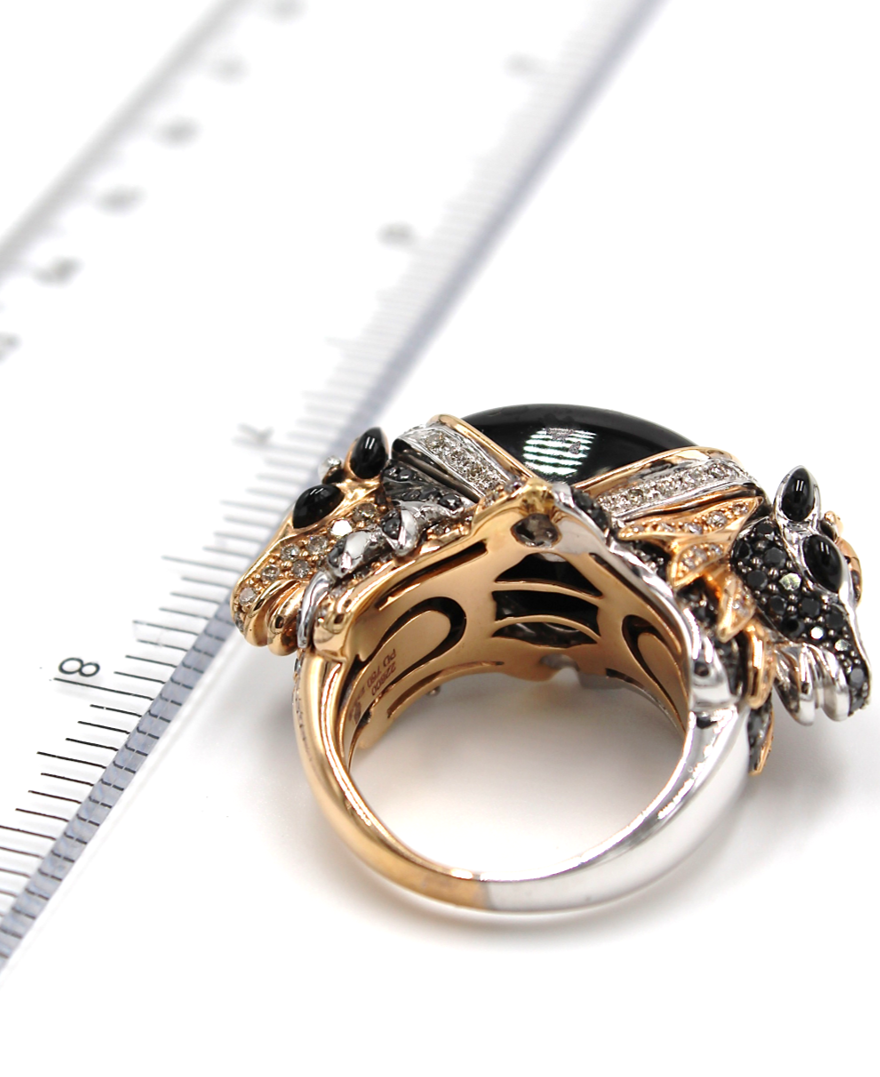 Double Horse Diamond & Cabochon Black Spinel Ring in 18k Rose Gold and Palladium