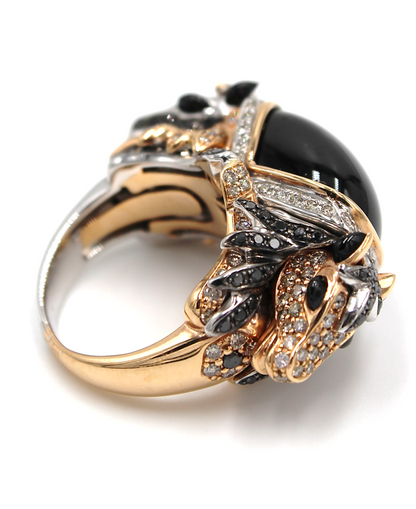 Double Horse Diamond & Cabochon Black Spinel Ring in 18k Rose Gold and Palladium