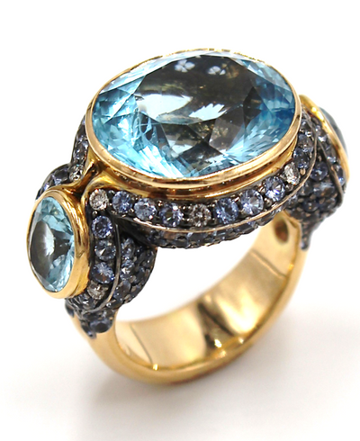 Large 18k Rose Gold Oval Blue Topaz Three Stone Ring with Sapphires & Diamonds